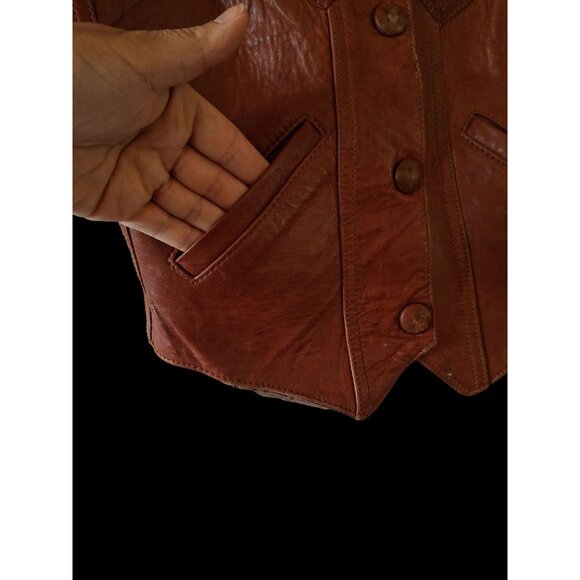 Vtg Distress kids Genuine Brown Leather Western Vest - Picture 2 of 16